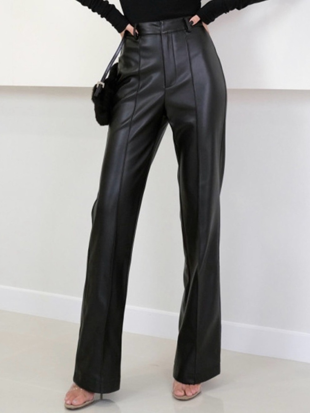 Commense High Waisted Leather Straight Leg Flare Pants